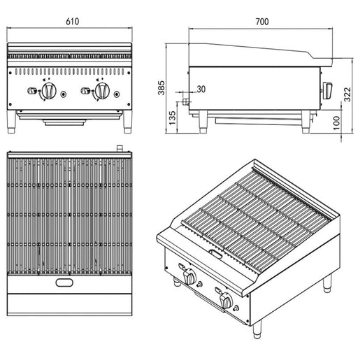 Cookrite CCG610 Chargrill Nat Gas (Includes LPG Kit) 610*700*385mm CCG610-NAT