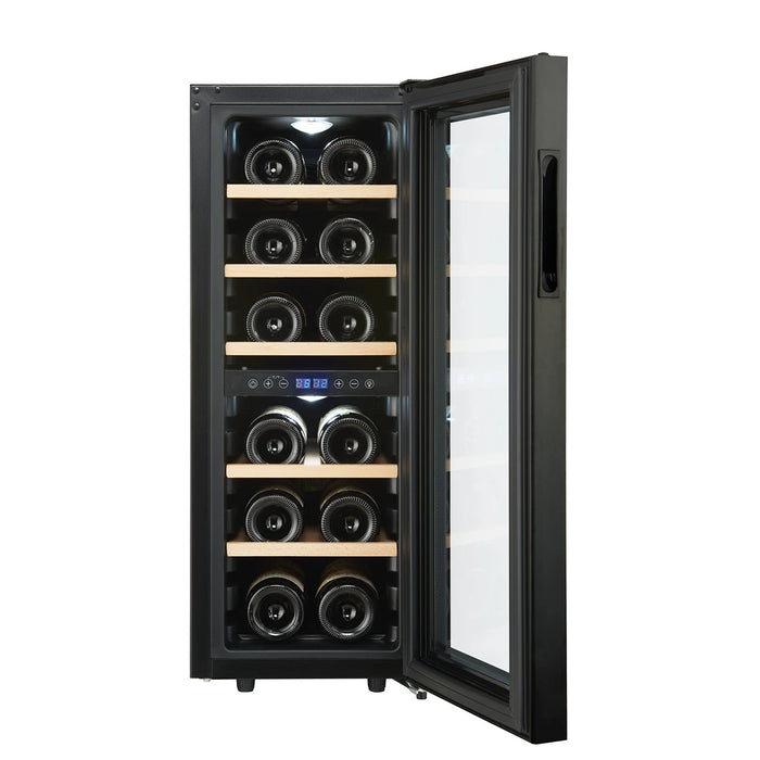 Cavecool Joy Larimar 12 bottle dual zone wine cooler, interior shelving view