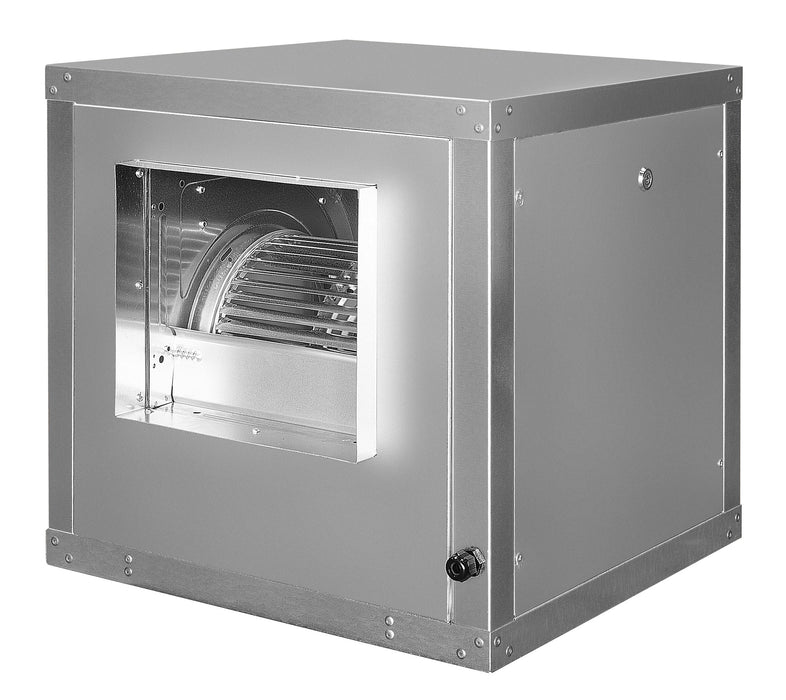 Compact square ventilation fan unit with ducting exhaust port