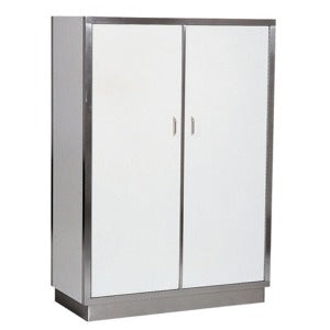 Stainless steel two-door pantry cupboard with five internal shelves.