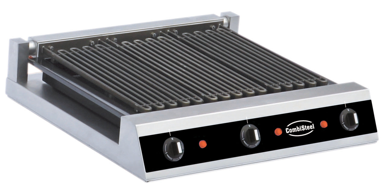 Stainless steel electric griddle with ribbed cooking surface and control elements