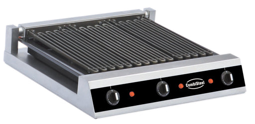 Stainless steel electric griddle with ribbed cooking surface and control elements