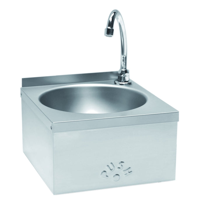 Stainless steel hand washbasin with faucet and knee-operated control