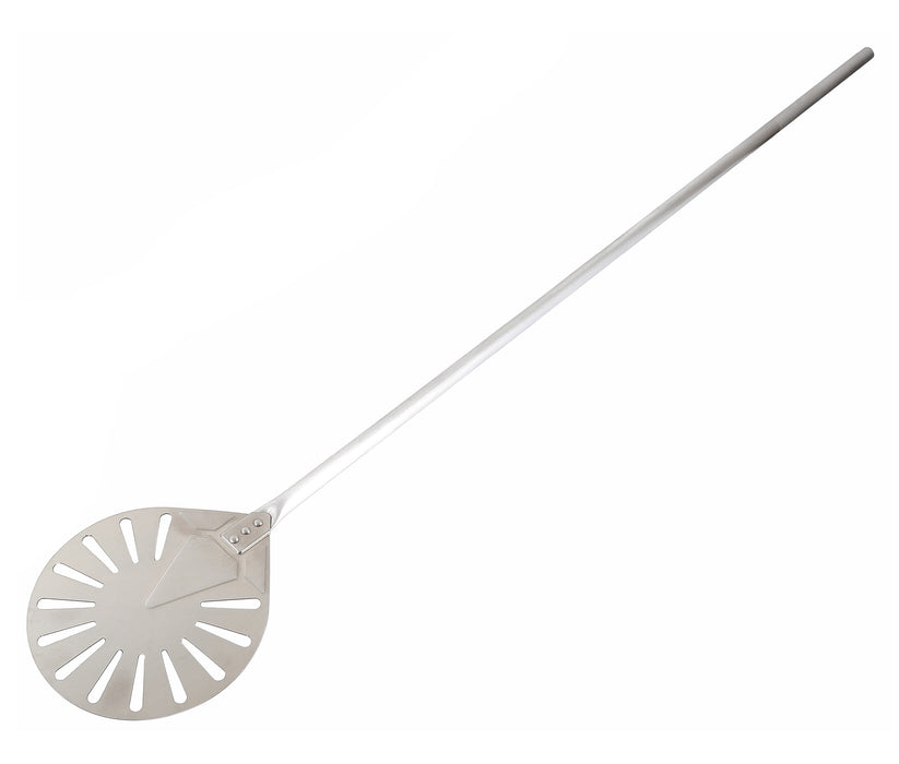 Round perforated stainless steel pizza shovel with movable handle, 1200mm length