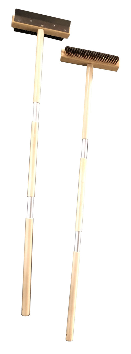 Pizza oven brush with wooden handle, bristle head and scraper blade attachment