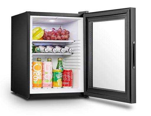 Combisteel MINIBAR 40L black tabletop bottle cooler with glass door and LED interior lighting view 2