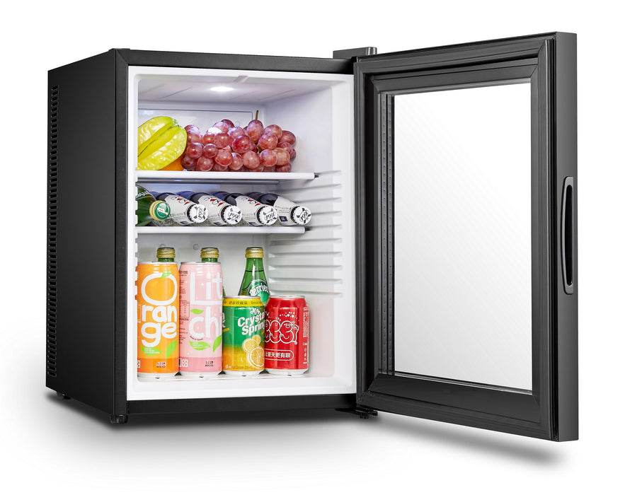 Combisteel MINIBAR 40L black tabletop bottle cooler with glass door and LED interior lighting view 2