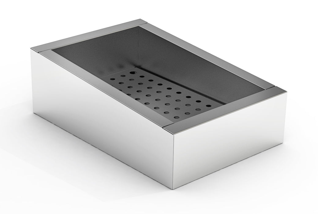 Stainless steel crushed ice bin with inclined top and drain valve on operating side