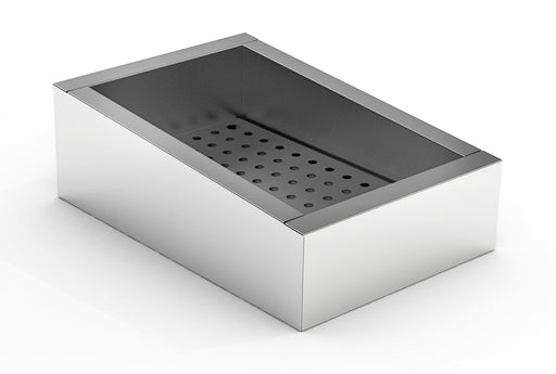 Stainless steel crushed ice bin with inclined top and drain valve on operating side