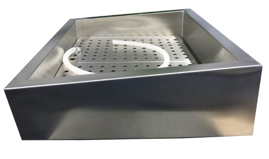 Stainless steel crushed ice bin with inclined top and drain valve on operating side view 2