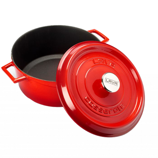 Red cast iron casserole dish with lid, 24cm diameter