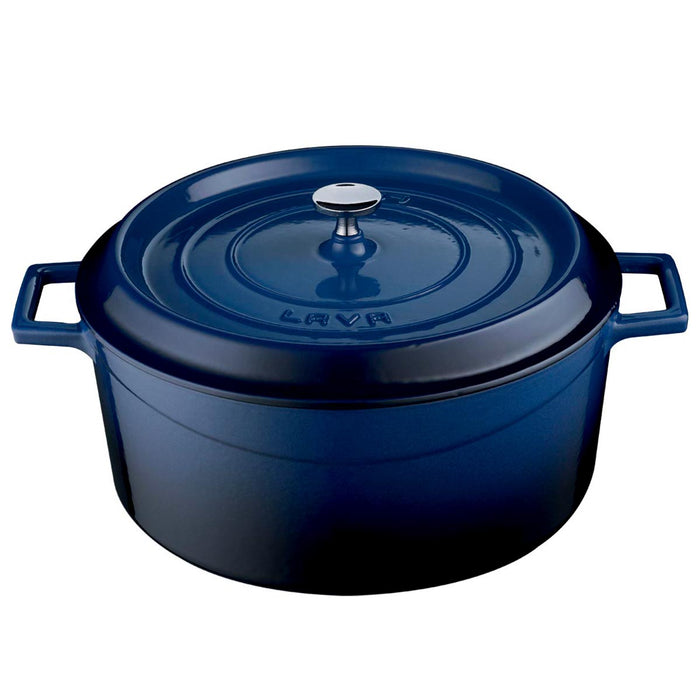 Blue lava cast iron casserole dish, 28cm diameter, viewed from above