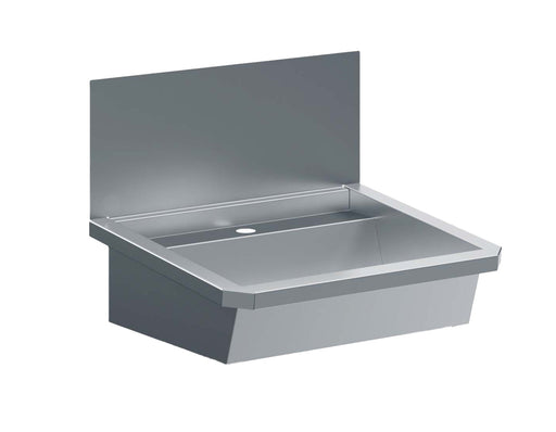 Stainless steel hand wash basin with splash shield and drain plug, 600mm wide