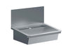 Stainless steel hand wash basin with splash shield and drain plug, 600mm wide