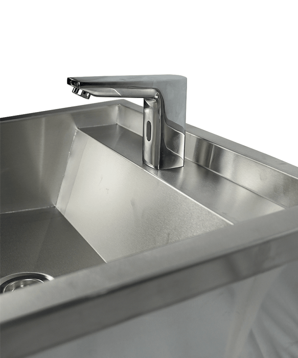 Stainless steel hand wash basin with splash shield and drain plug, 600mm wide view 6