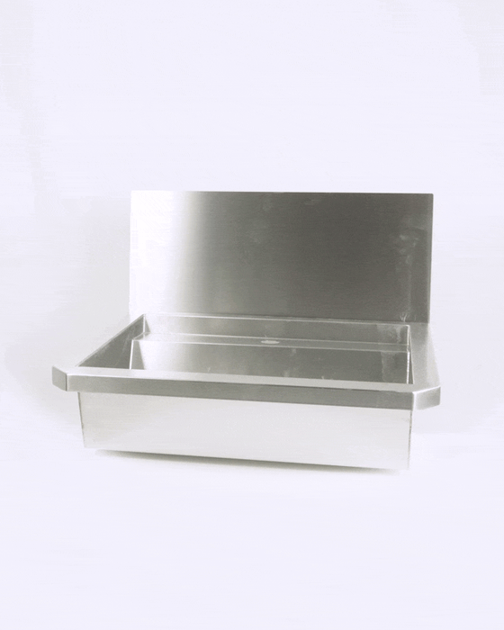 Stainless steel hand wash basin with splash shield and drain plug, 600mm wide view 7