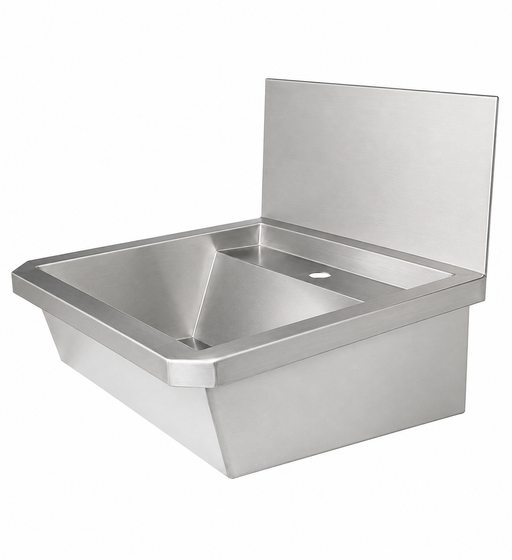 Stainless steel hand wash basin with splash shield and drain plug, 600mm wide view 2
