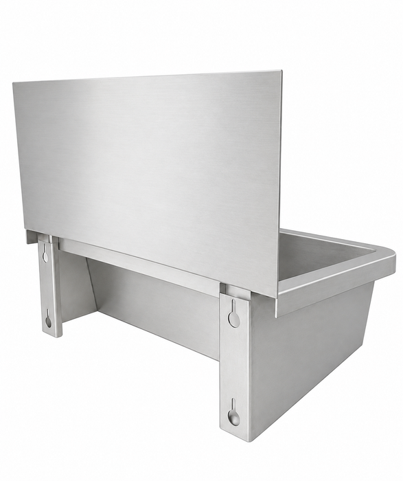 Stainless steel hand wash basin with splash shield and drain plug, 600mm wide view 4