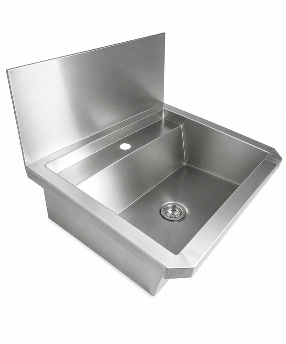 Stainless steel hand wash basin with splash shield and drain plug, 600mm wide view 3