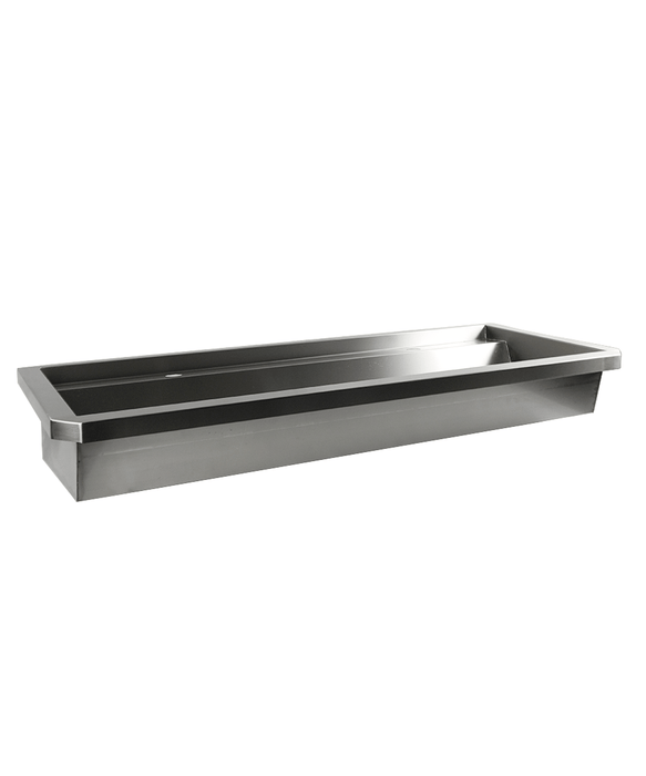 Stainless steel hand wash basin 1200mm wide with splash shield and drain plug view 2