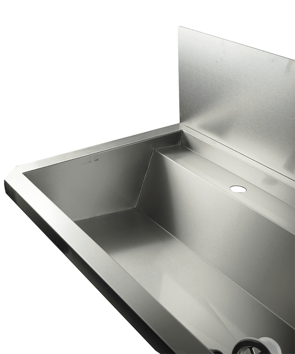 2400mm wide stainless steel hand wash basin with 4 tap holes and splash guard view 3