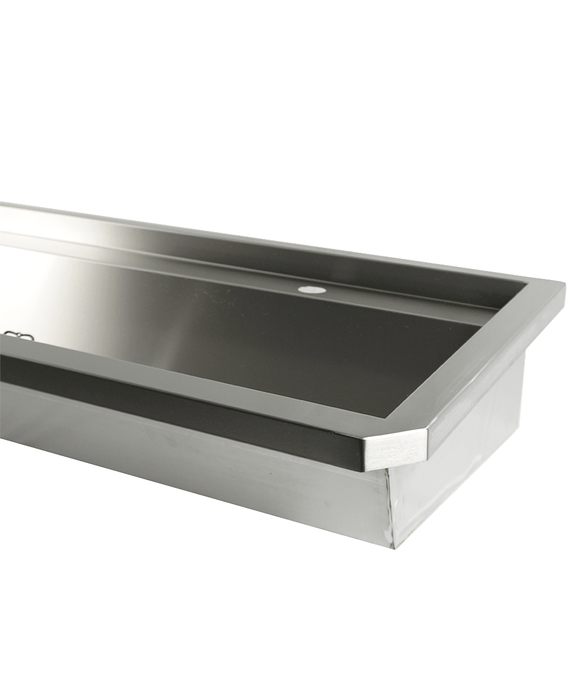 2400mm wide stainless steel hand wash basin with 4 tap holes and splash guard view 4