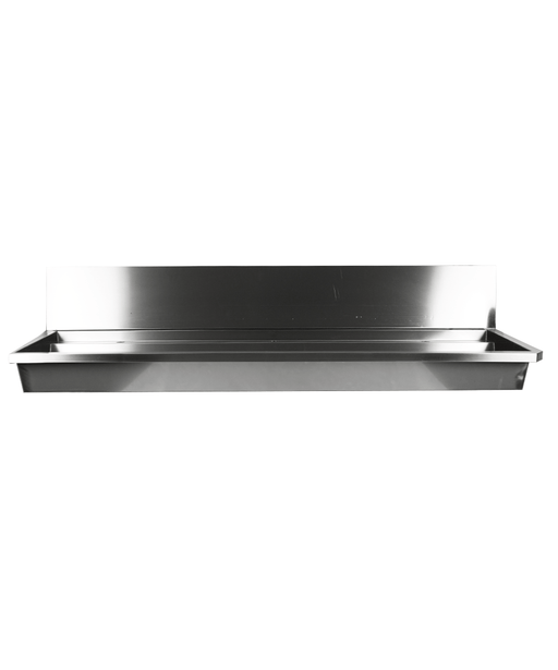 Stainless steel commercial hand wash basin 1800mm wide with 3 tap holes and splash guard view 2