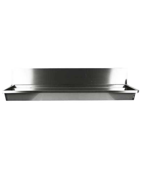 Stainless steel commercial hand wash basin 1800mm wide with 3 tap holes and splash guard view 2