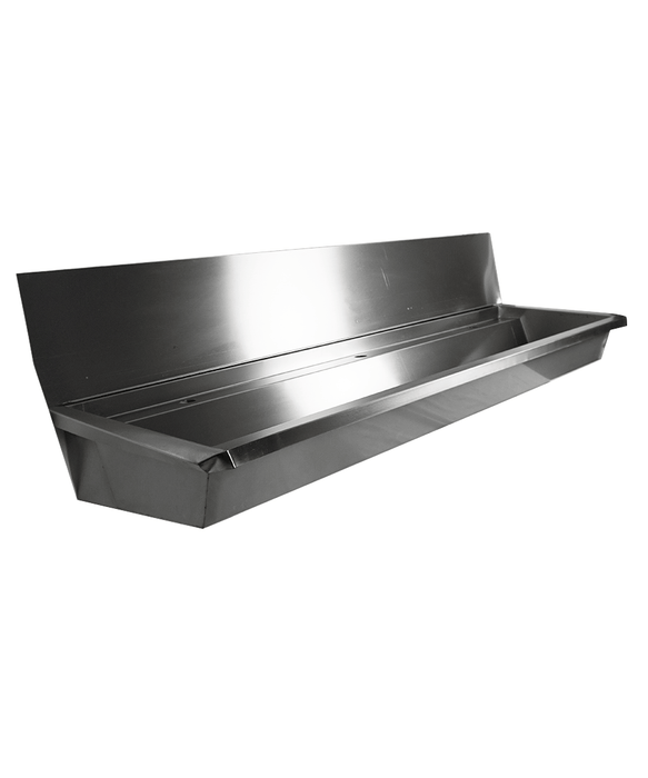 Stainless steel commercial hand wash basin 1800mm wide with 3 tap holes and splash guard view 3