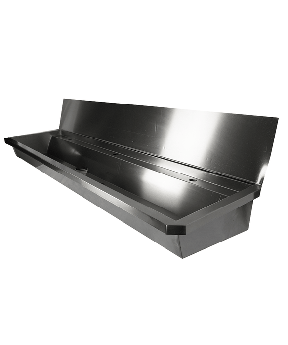 Stainless steel commercial hand wash basin 1800mm wide with 3 tap holes and splash guard view 4