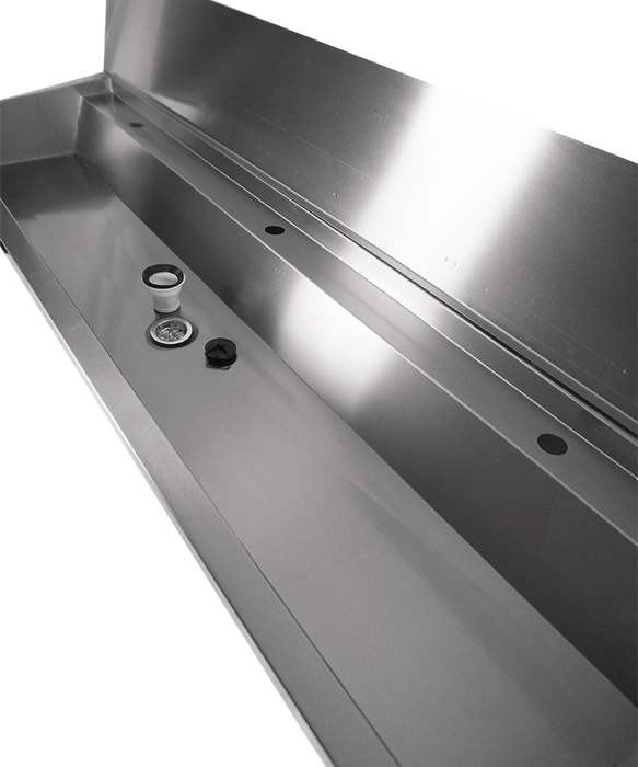 Stainless steel commercial hand wash basin 1800mm wide with 3 tap holes and splash guard view 5