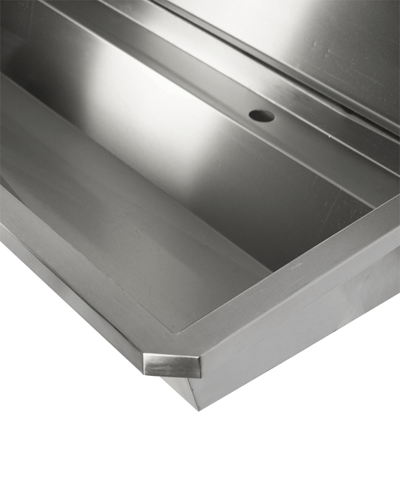 Stainless steel commercial hand wash basin 1800mm wide with 3 tap holes and splash guard view 7