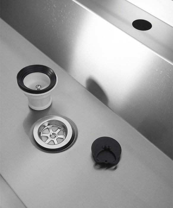 Stainless steel commercial hand wash basin 1800mm wide with 3 tap holes and splash guard view 6