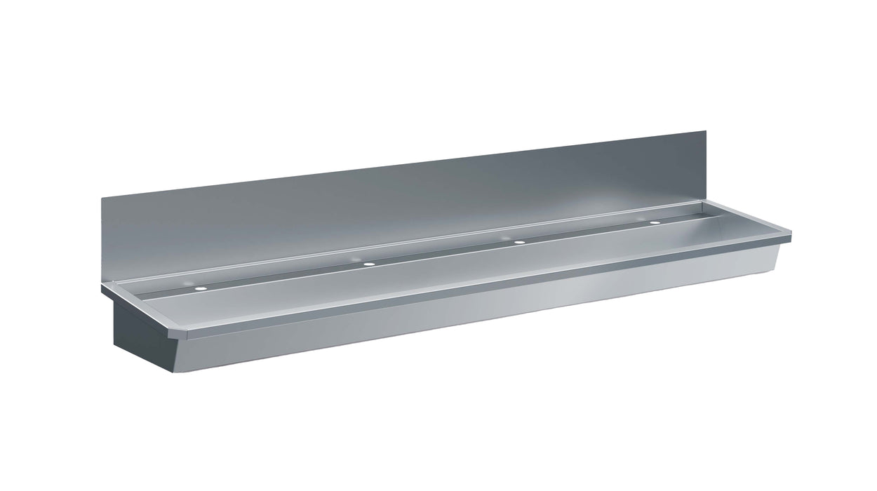 2400mm wide stainless steel hand wash basin with 4 tap holes and splash guard