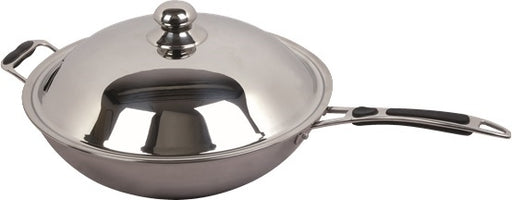 Stainless steel wok pan with sloped sides, 360mm diameter, suitable for induction hobs