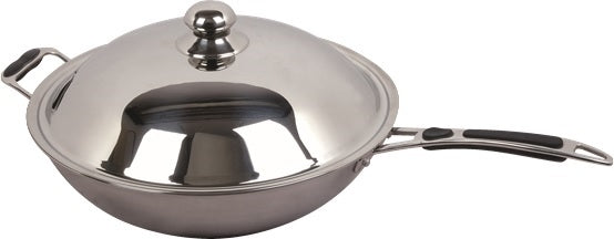 Stainless steel wok pan with sloped sides, 360mm diameter, suitable for induction hobs