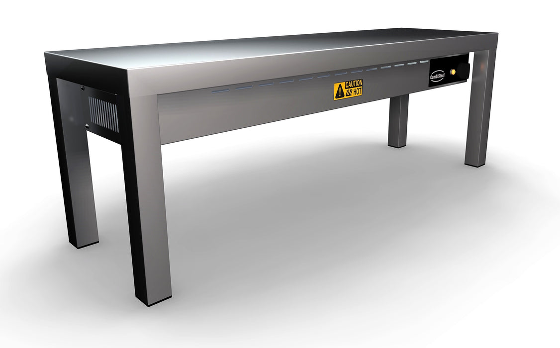 Stainless steel heated overshelf with single shelf level and ceramic heating elements underneath view 2
