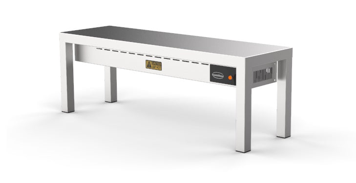 Stainless steel heated overshelf with single shelf level and ceramic heating elements underneath