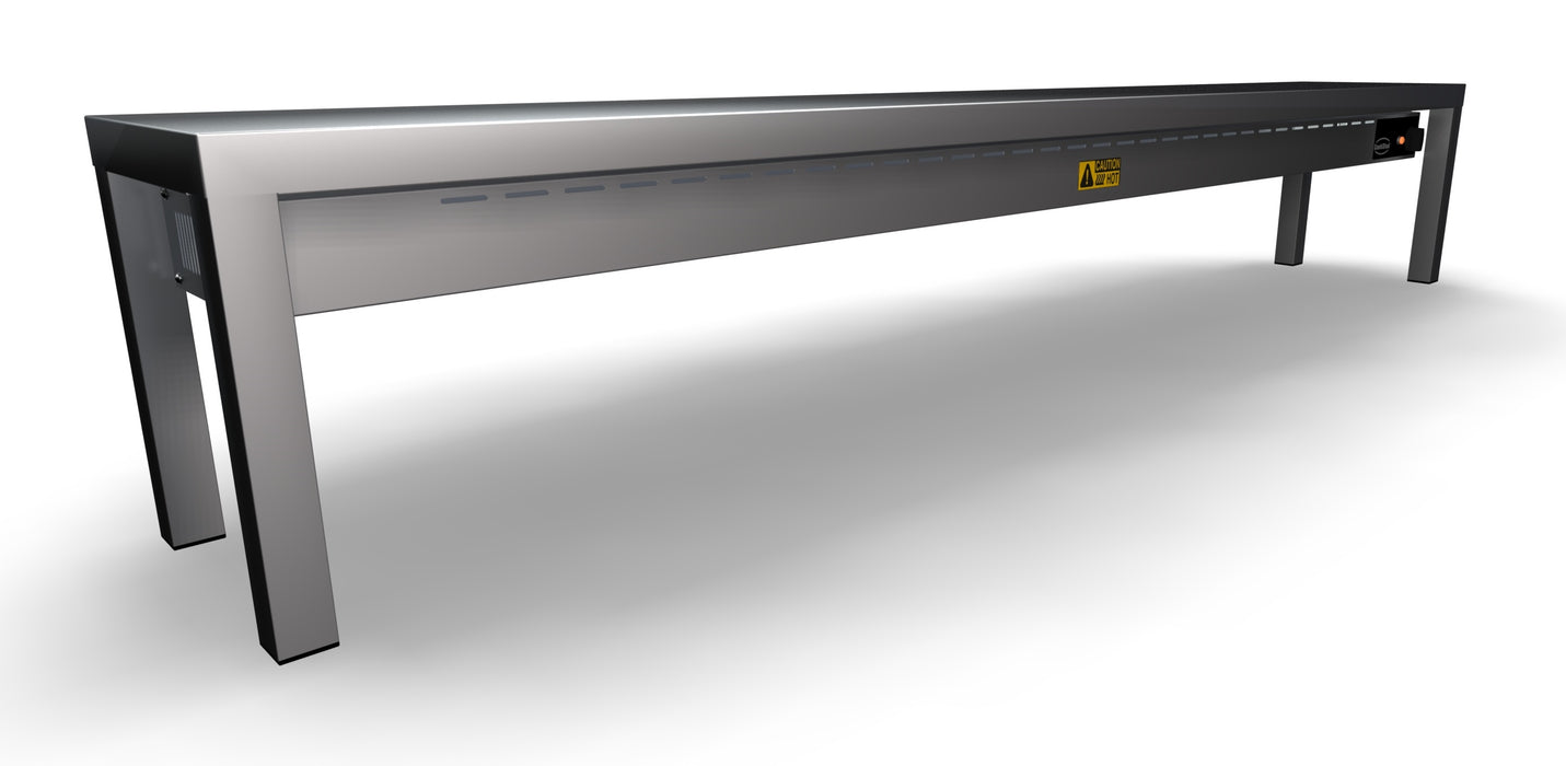 Stainless steel heated overshelf with six ceramic heating elements mounted horizontally. view 2