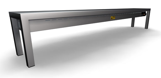 Stainless steel heated overshelf with six ceramic heating elements mounted horizontally. view 2