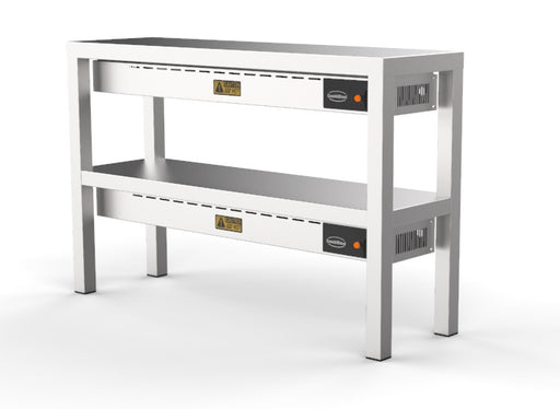 Stainless steel two tier heated overshelf with ceramic surfaces and heating elements
