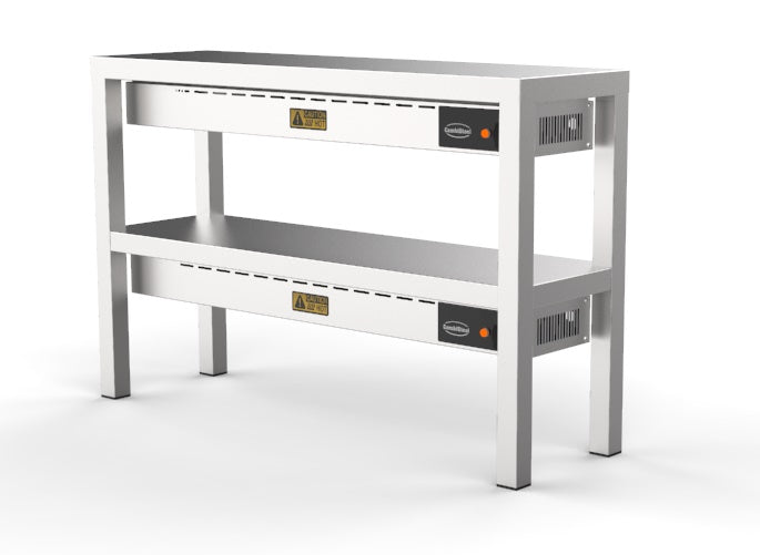 Stainless steel two tier heated overshelf with ceramic surfaces and heating elements