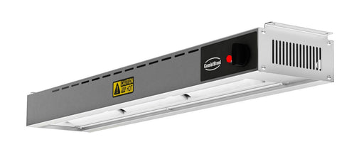 Stainless steel overhead warmer with three ceramic heating elements mounted on bracket