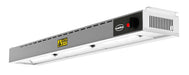 Stainless steel overhead warmer with three ceramic heating elements mounted on frame