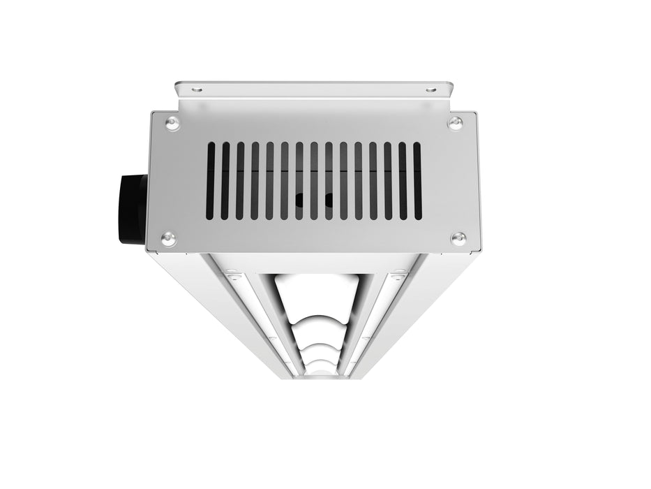 Stainless steel overhead warmer with three ceramic heating elements mounted on frame view 3
