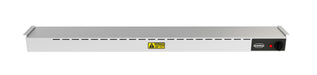 Stainless steel overhead warmer with three ceramic heating elements mounted on frame view 4
