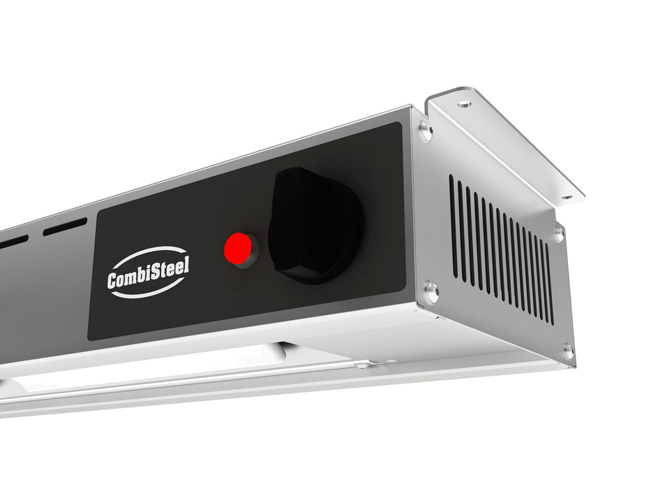 Stainless steel overhead warmer with three ceramic heating elements mounted on frame view 5