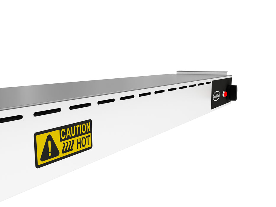 Stainless steel overhead warmer with three ceramic heating elements mounted on frame view 6