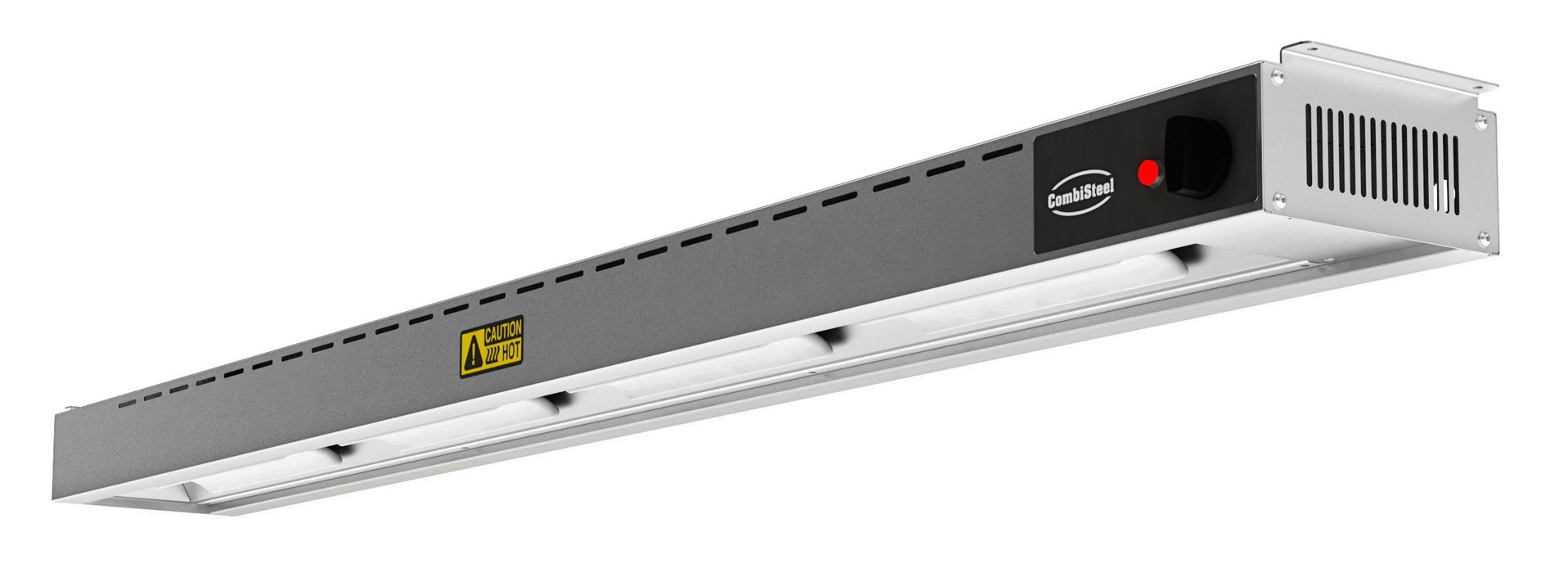 Stainless steel overhead food warmer with four ceramic heating elements mounted on wall bracket