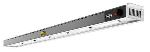 Stainless steel overhead warmer with six ceramic heating elements mounted above counter
